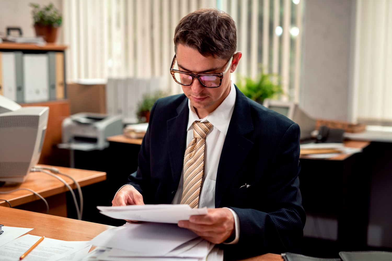 Administrative desk setup with documents in use.