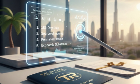A digital tablet displaying UAE tax residency requirements including the 183-day rule, source of income, and permanent home tests.
