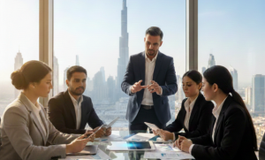 Corporate team in a Dubai office discussing UAE tax residency requirements for individuals and businesses.