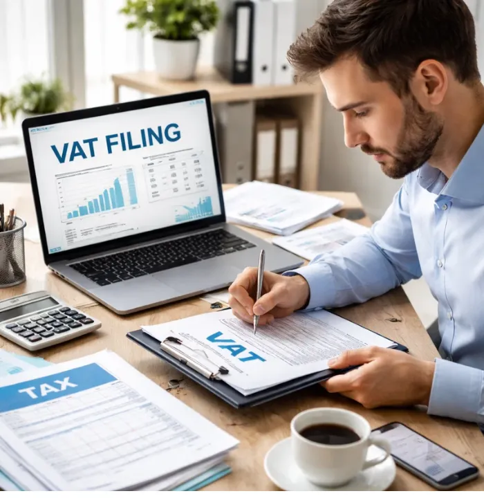 Laptop screen displaying VAT filing dashboard with reports and charts.
