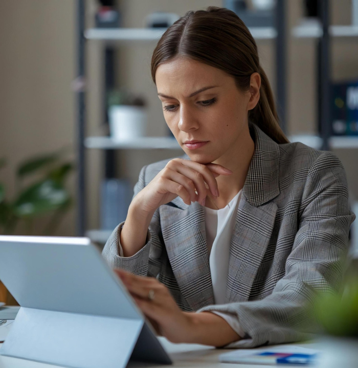 Female business professional reviewing documents in modern office