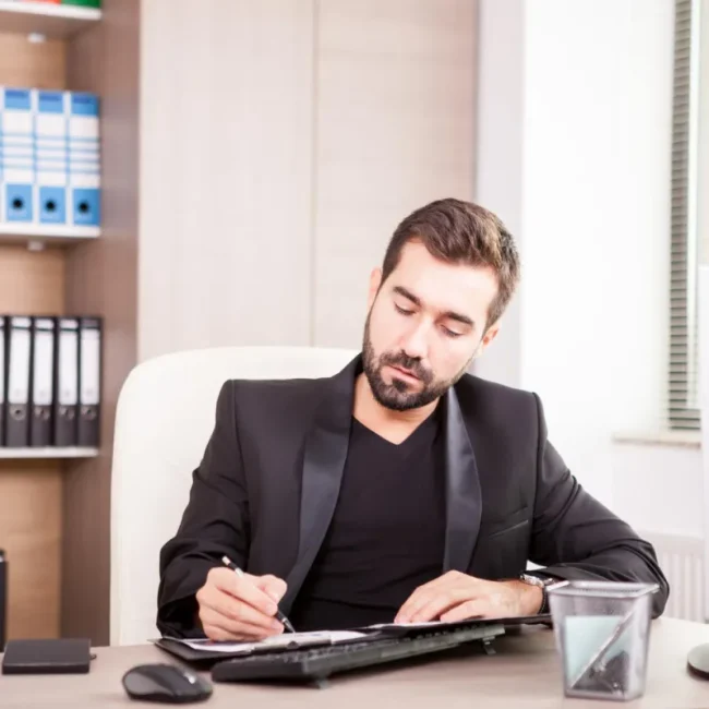 Senior accountant signing financial documents at executive office desk