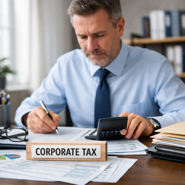 Corporate professional calculating tax figures at a desk with documents, a calculator, and a visible corporate tax label.