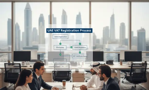 A group of business professionals in a boardroom viewing a digital presentation of the UAE VAT Registration Process.