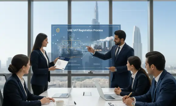 Business consultants in a modern Dubai office with a digital overlay showing the stages of the UAE VAT Registration Process.