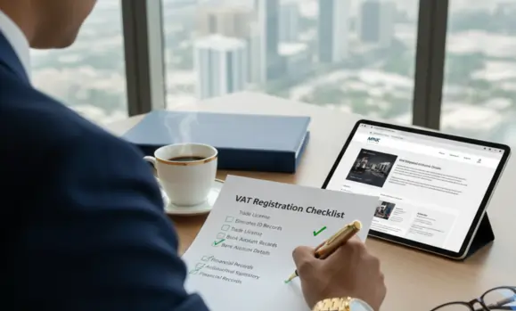 A businessman at a desk reviewing a printed VAT Registration Checklist with a green checkmark next to a tablet and coffee.