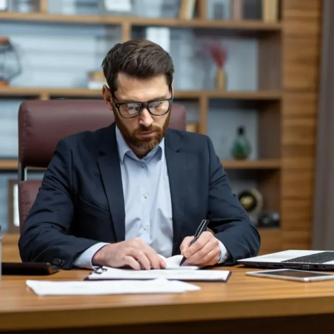 Senior accountant signing financial documents at executive office desk