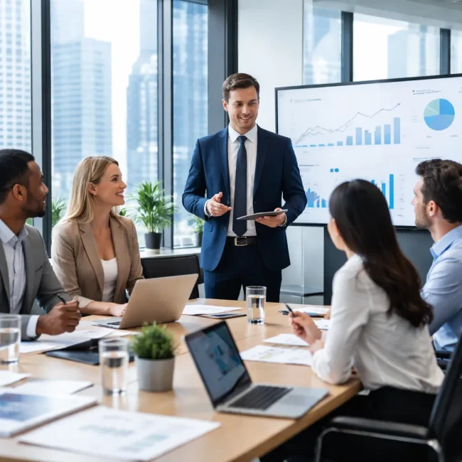 Team meeting in a modern office where a manager presents growth charts to colleagues seated around a conference table.