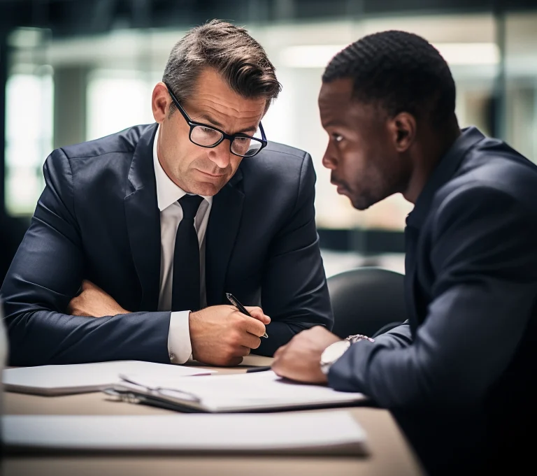 Experienced business consultant guiding client through important documents