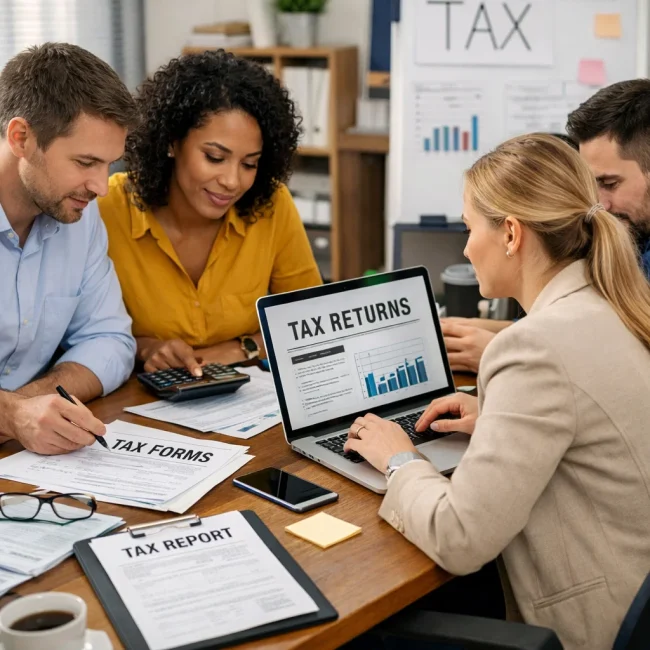Team working together on tax return preparation, reviewing tax forms and reports on a laptop and calculator in an office setting.