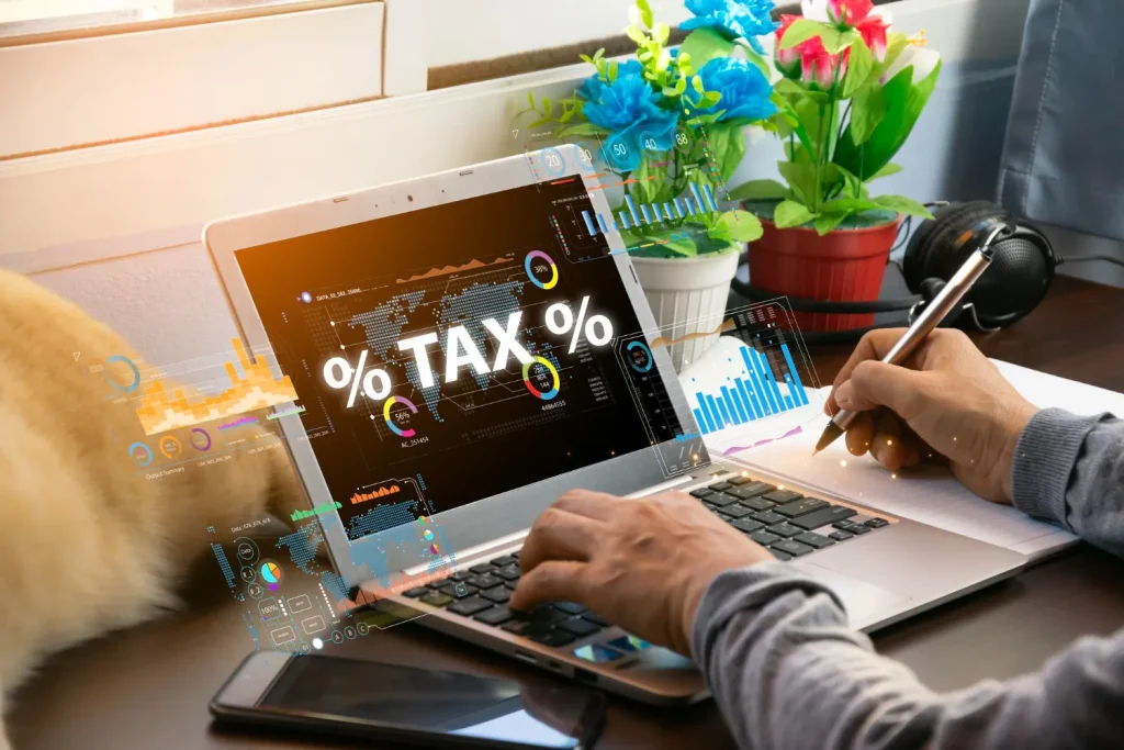 Accountant preparing online tax return and reviewing financial details