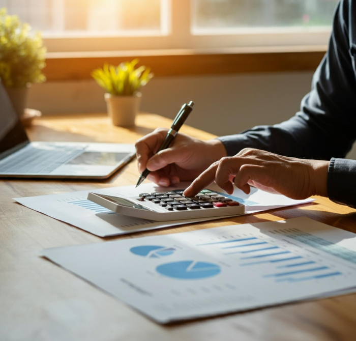 Tax consultant calculating expenses and verifying financial documents