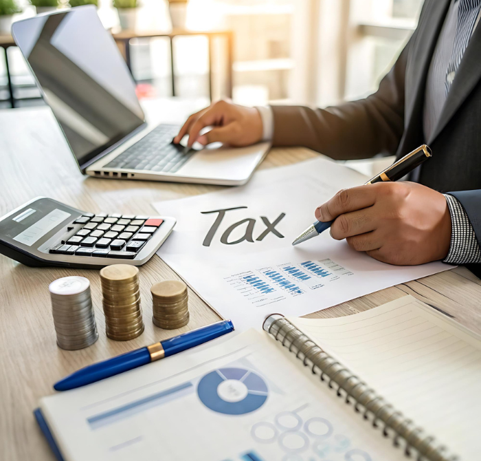 Office professional preparing tax documents on desktop computer